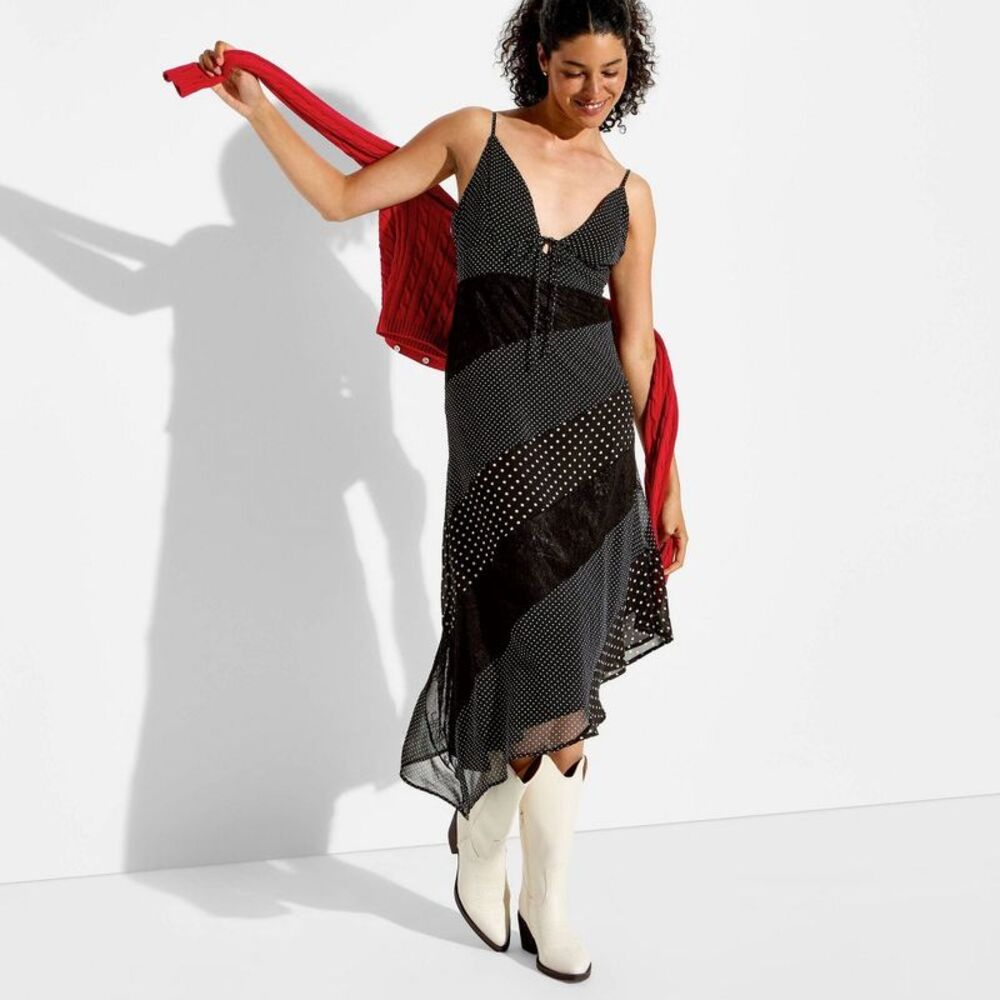 Women's Assym Midaxi Dress - Wild Fable Black Polka Dots L